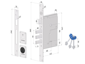 SECUREMME Serratura 2021 da infilare a doppia mappa con catenaccio e scrocco, entrata 60 mm.