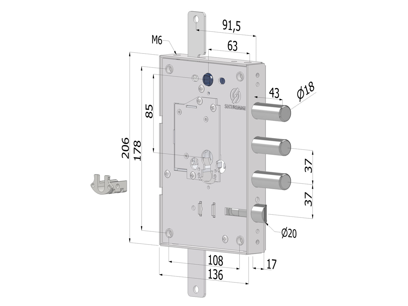 SECUREMME Serratura triplice 250 SX CR S.3 int.37 mm c/cuore intercambiabile a cilindro 4 mandate