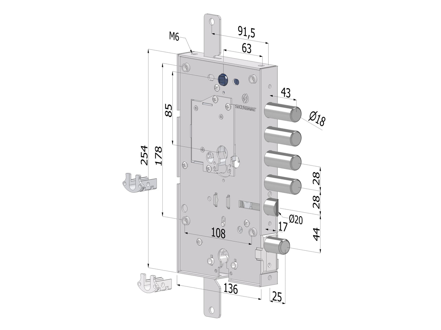 SECUREMME Serratura triplice 253 DOPPIO CILINDRO SINISTRO INTERASSE 28 mm con cuore cilindro