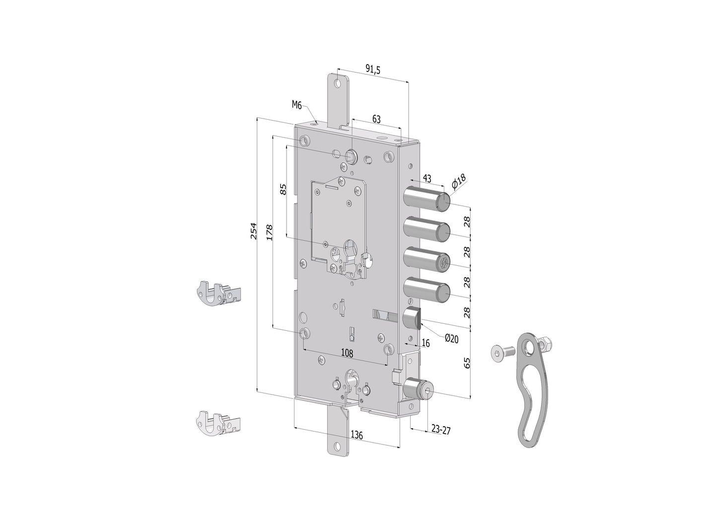 SECUREMME Serratura triplice 254 MULTIFUNZIONE DOPPIO CILINDRO DESTRO INTERASSE 28 mm con cuore cilindro