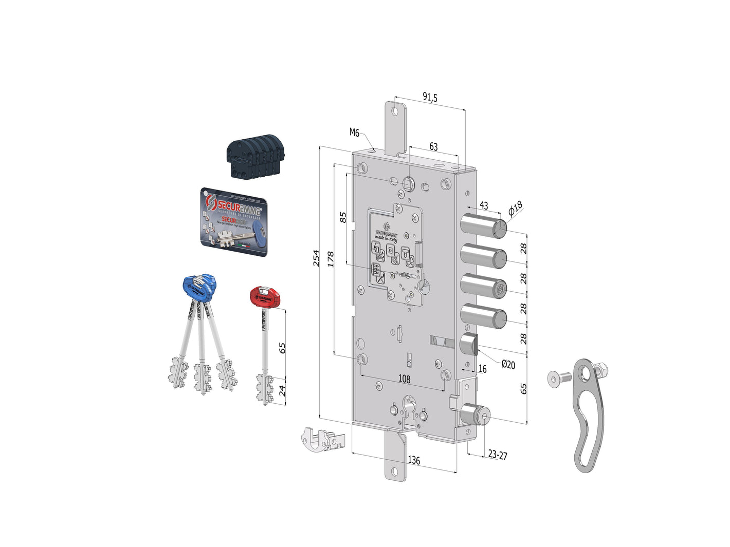 SECUREMME Serratura triplice 254 MULTIFUNZIONE SECURMAP + CILINDRO SINISTRO INTERASSE 28 mm con cuore 1+3 chiavi 0CC6