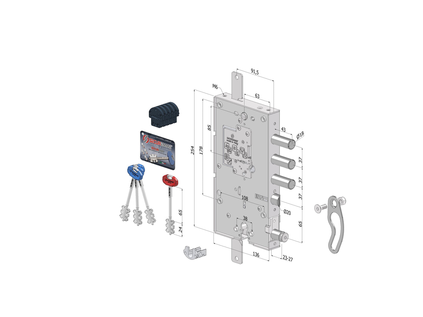 SECUREMME Serratura tripl.254 MULTIFUNZIONE SECURMAP + CILINDRO SINISTRO INTERASSE 37 mm con cuore 1+3 chiavi 0CC6