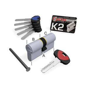 SECUREMME Cilindro K2 a 10 perni con chiave 30-30 +1 chiave cantiere +5 chiavi 0CK2 finitura Cromo Satinato