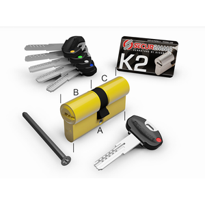 SECUREMME Cilindro K2 a 10 perni con chiave 45-45 +1 chiave cantiere +5 chiavi 0CK2 finitura Ottone Lucido