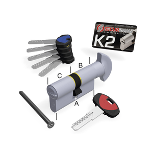 SECUREMME Cilindro K2 a 10 perni con Pomolo 50 chiave 40 +1 chiave cantiere +5 chiavi 0CK2 finitura Cromo Satinato