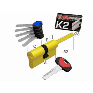 SECUREMME Cilindro K2 a 10 perni con Codolo 30 chiave 40 +1 chiave cantiere +5 chiavi 0CK2 finitura Ottone Lucido