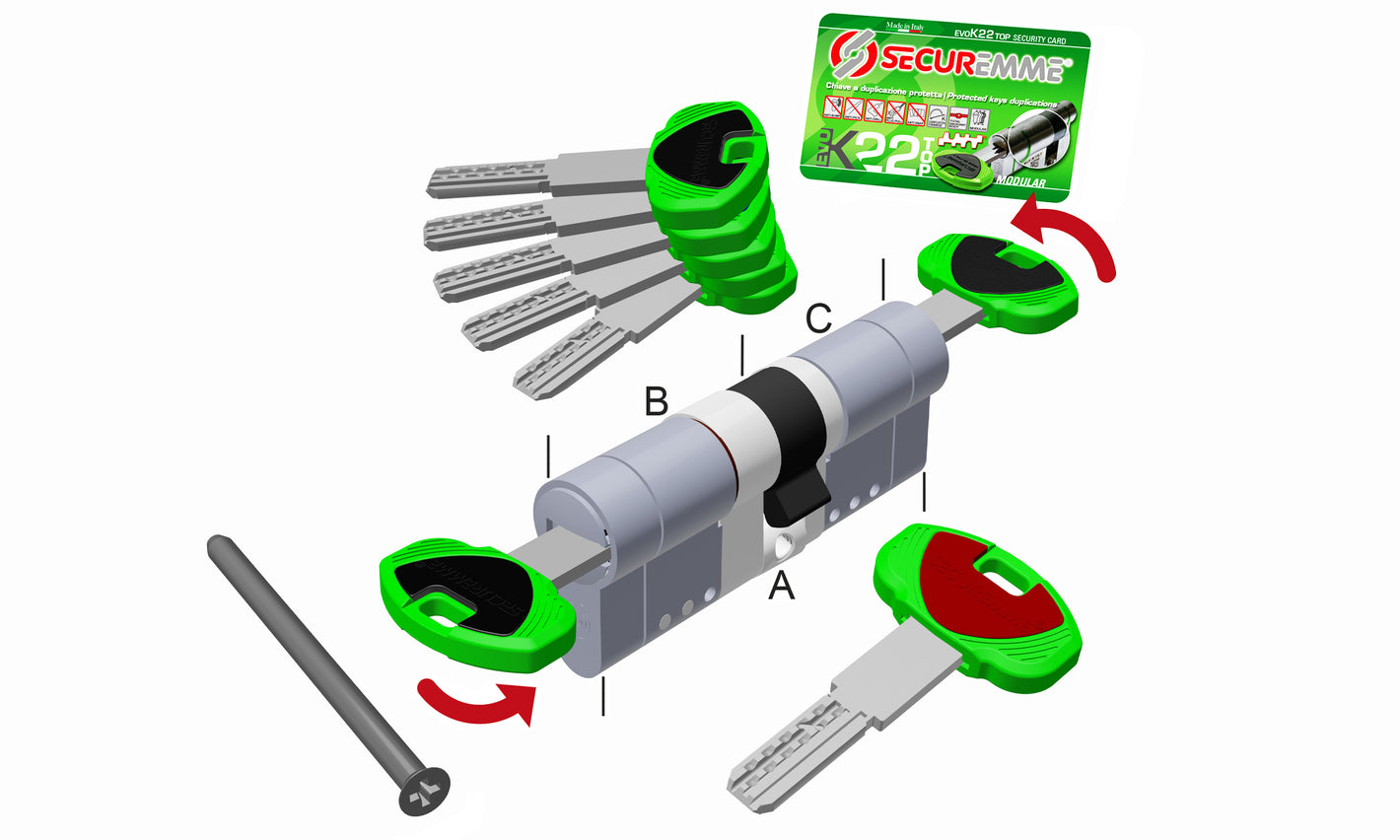 SECUREMME Cilindro EvoK22 Frizionato Chiave - Chiave a 11 perni con 3/5 chiavi + 1 chiave di cantiere 0K22 finitura Cromo Satinato