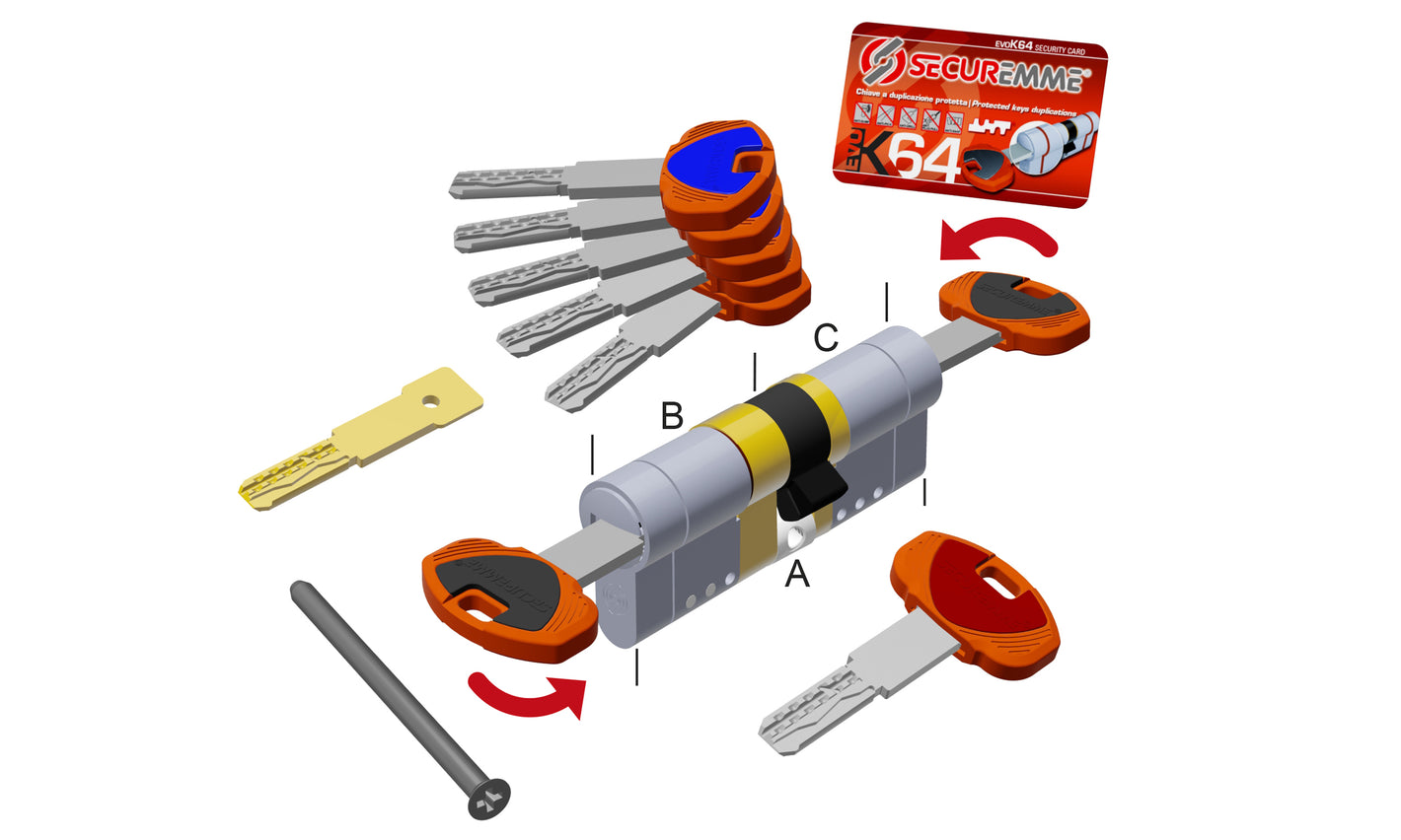 SECUREMME Cilindro EvoK64 Frizionato Chiave - Chiave a 11 perni e 4 elementi mobili attivi con 5 chiavi + 1 chiave di cantiere 0K64XNI finitura Cromo Satinato