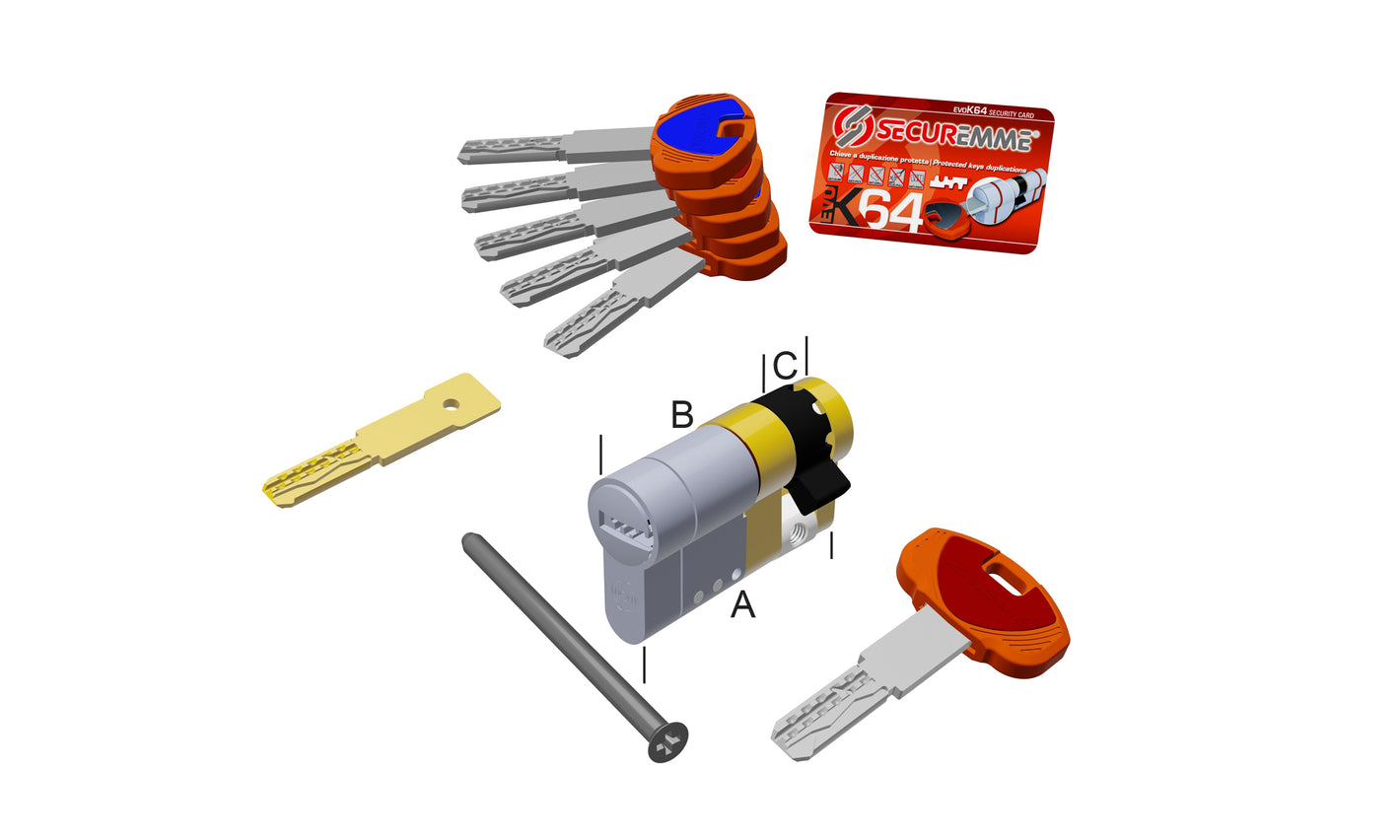 SECUREMME Mezzo Cilindro EvoK64 a 11 perni e 4 elementi mobili attivi con 5 chiavi + 1 chiave di cantiere 0K64XNI finitura Cromo Satinato