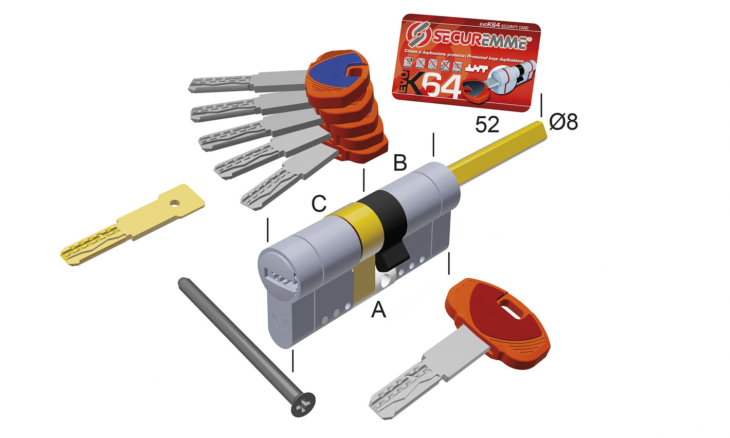 SECUREMME Cilindro EvoK64  Chiave - Codolo a 11 perni e 4 elementi mobili attivi predisposto per pomolo con 5 chiavi + 1 chiave di cantiere 0K64XNI finitura Cromo Satinato