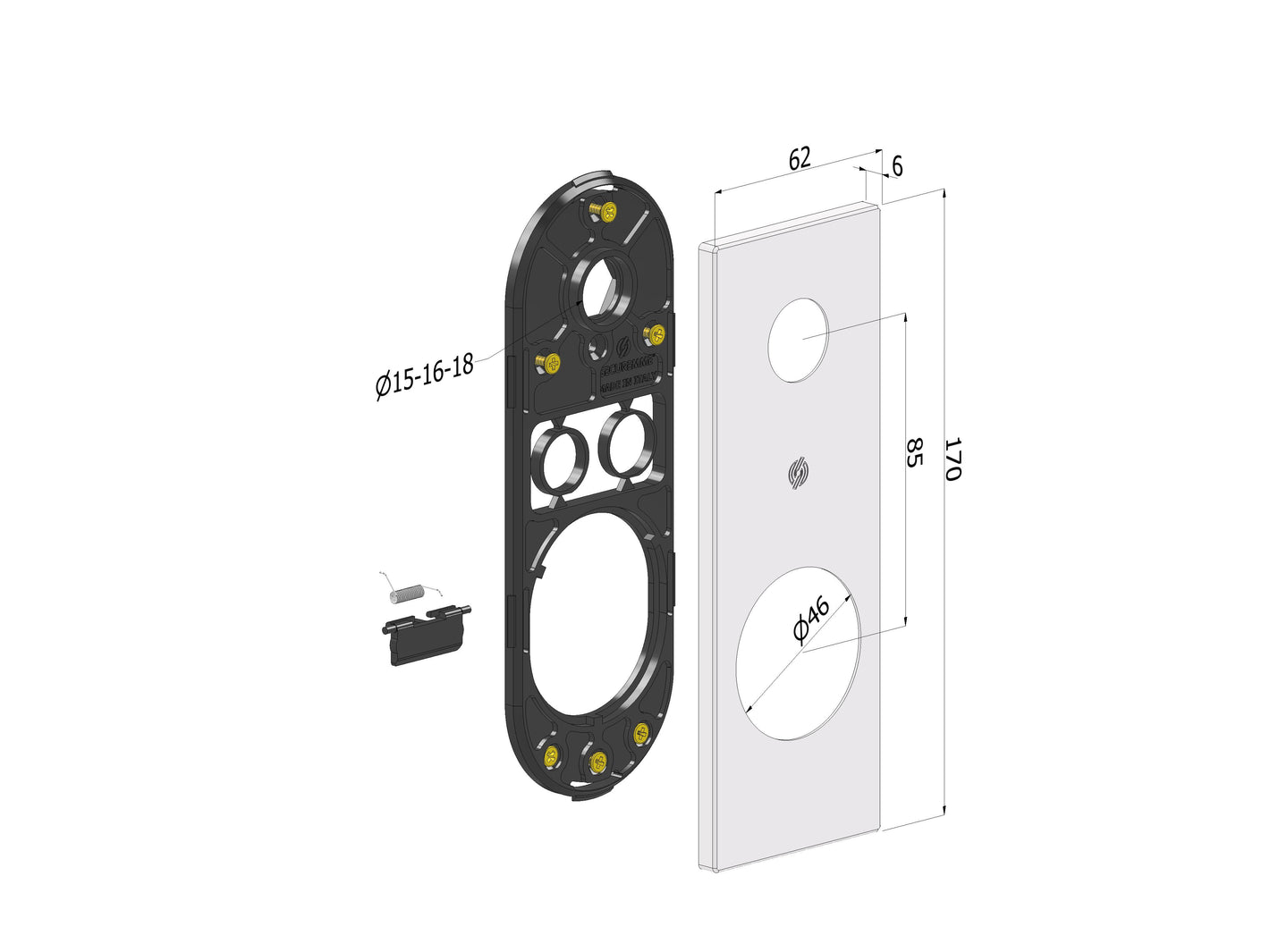 SECUREMME kit placca quadra 62x170x6 mm. con foro diametro 46 mm. colore argento
