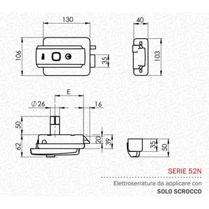 ISEO Serratura elettrica da applicare, solo scrocco, 12Vac, 15W, 1,25A. Entrata regolabile 50, 60, 70, 80 mm. Reversibile.