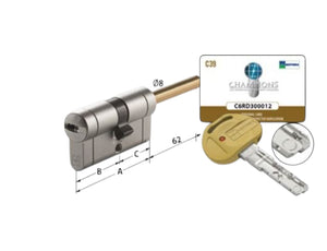 MOTTURA Doppio cilindro "CHAMPIONS C39" CHIAVE-PREDISPOSIZIONE POMOLO a 5 perni di cifratura con 3 chiavi +1 cantiere - Duplicazione PROTETTA