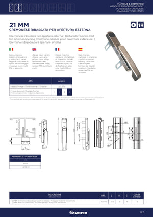 Master Cremonese ribassata per apertura esterna 21 MM con rotazione manico 90° e fissaggio mediante macchinetta Colore Nero Opaco