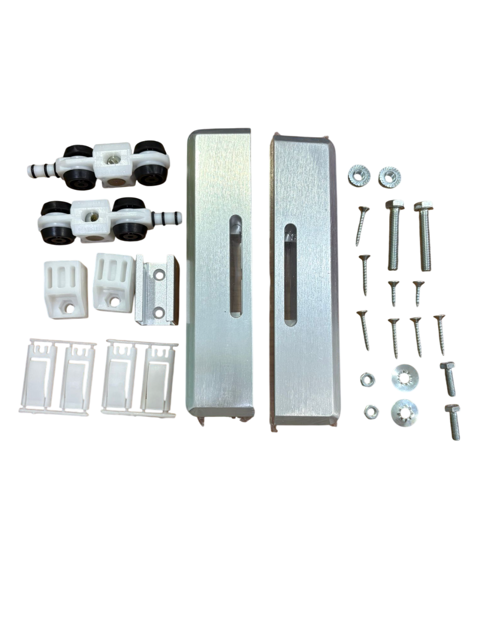 PETTITI GIUSEPPE Set PETTITI SVP 80 per ante scorreveli in vetro - 2 carrelli con perno registrabile - 2 fermi d' arresto - 1 guida inferiore + set viti di fissaggio - 2 pinze registrabili per spessore vetro 8 - 10 mm
