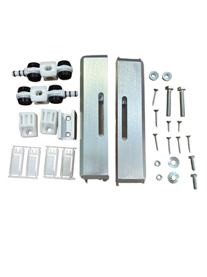 PETTITI GIUSEPPE Set PETTITI SVP 80 per ante scorreveli in vetro - 2 carrelli con perno registrabile - 2 fermi d' arresto - 1 guida inferiore + set viti di fissaggio - 2 pinze registrabili per spessore vetro 8 - 10 mm