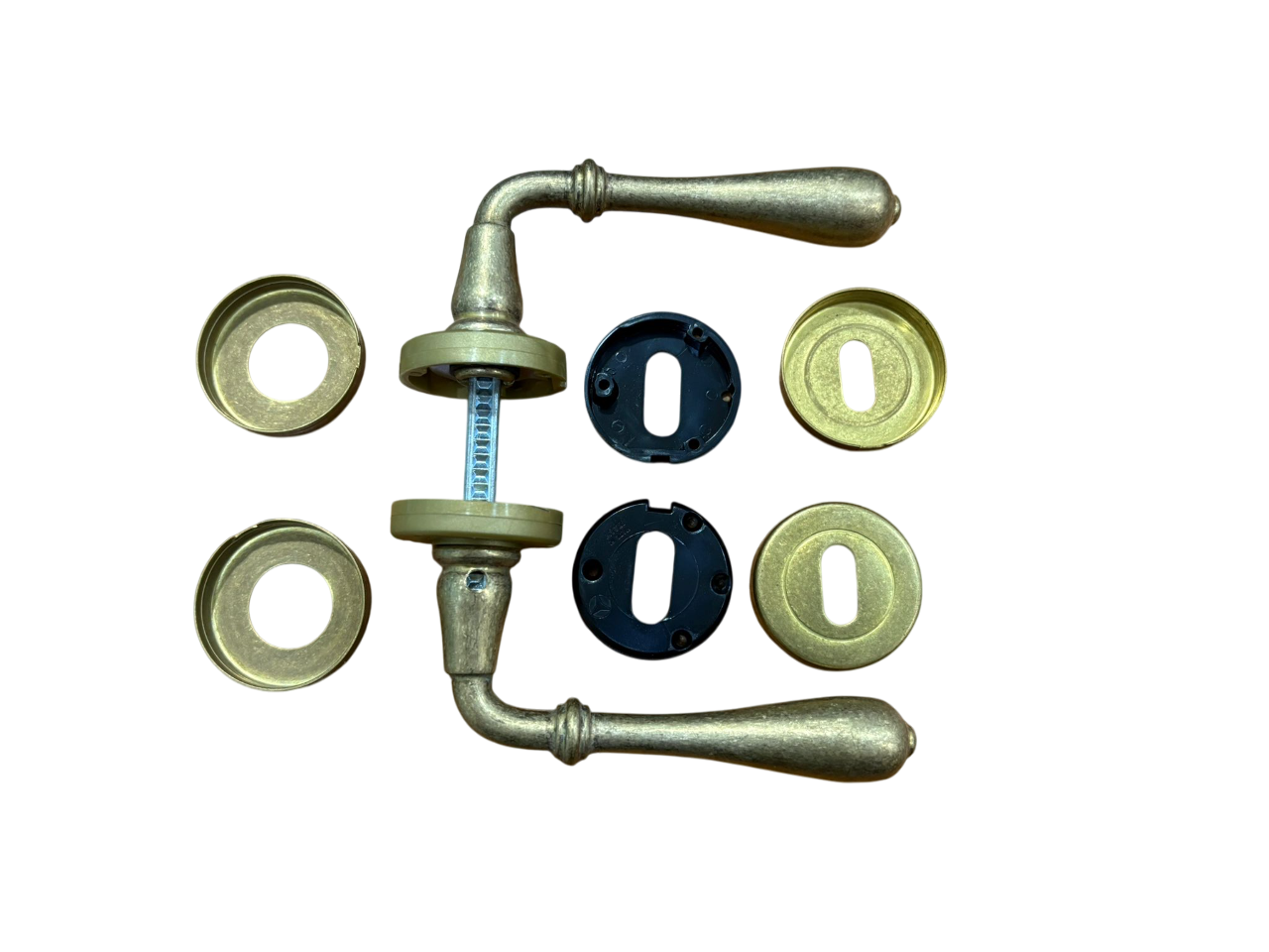 GHIDINI PIETRO BOSCO NOVECENTO DOPPIA MANIGLIA Q8 CON ROSETTA TONDO E BOCCHETTA FORO PATENT FINITURA OLD OTTONE ANTICATO