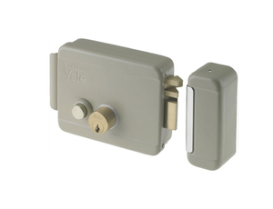 YALE Serratura elettrica con mandata e pulsante per ferro da applicare, entrata 50/60/70 mm. - finitura zincata